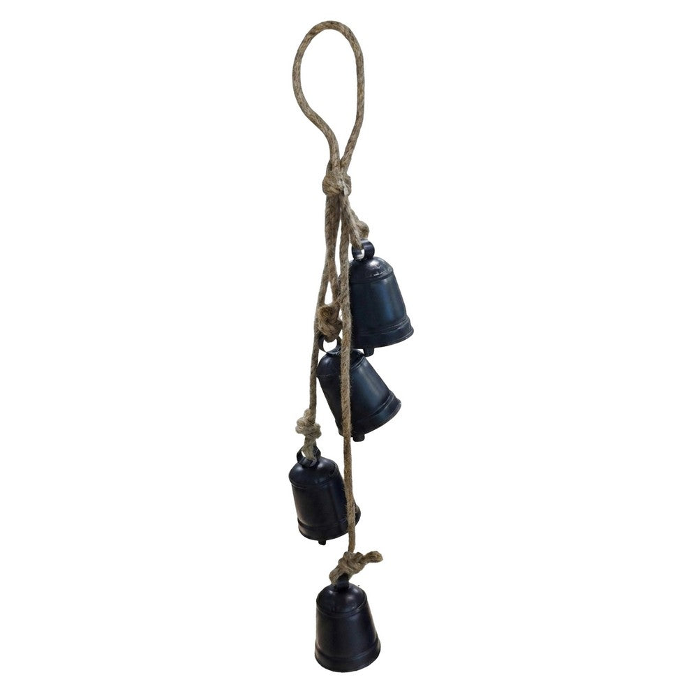 Koma 27 Inch Decorative Wind Chime, 4 Cascading Cow Bells, Antique Black Iron, Jute Rope, Boho Rustic Style - UPT-350392