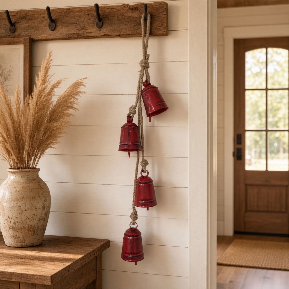 Koma 27 Inch Decorative Wind Chime, 4 Cascading Cow Bells, Antique Red Iron, Jute Rope, Boho Rustic Style - UPT-350393