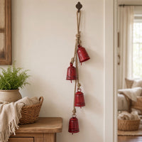 Koma 27 Inch Decorative Wind Chime, 4 Cascading Cow Bells, Antique Red Iron, Jute Rope, Boho Rustic Style - UPT-350393