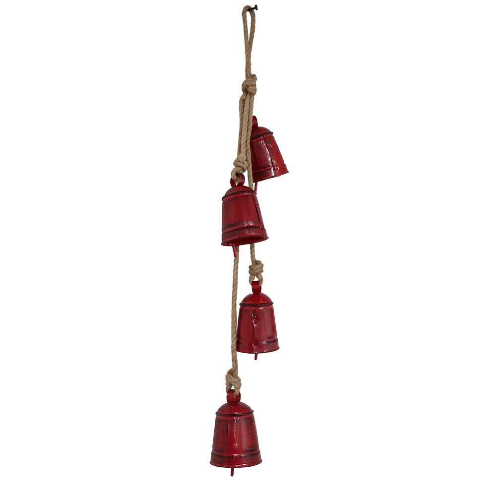 Koma 27 Inch Decorative Wind Chime, 4 Cascading Cow Bells, Antique Red Iron, Jute Rope, Boho Rustic Style - UPT-350393