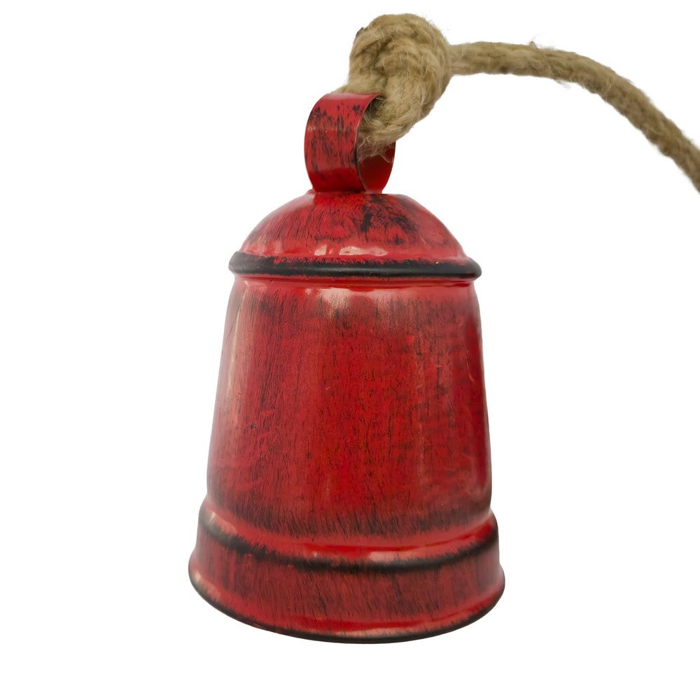 Koma 27 Inch Decorative Wind Chime, 4 Cascading Cow Bells, Antique Red Iron, Jute Rope, Boho Rustic Style - UPT-350393