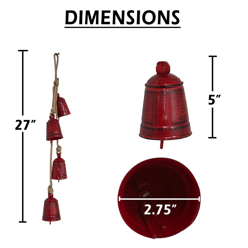 Koma 27 Inch Decorative Wind Chime, 4 Cascading Cow Bells, Antique Red Iron, Jute Rope, Boho Rustic Style - UPT-350393