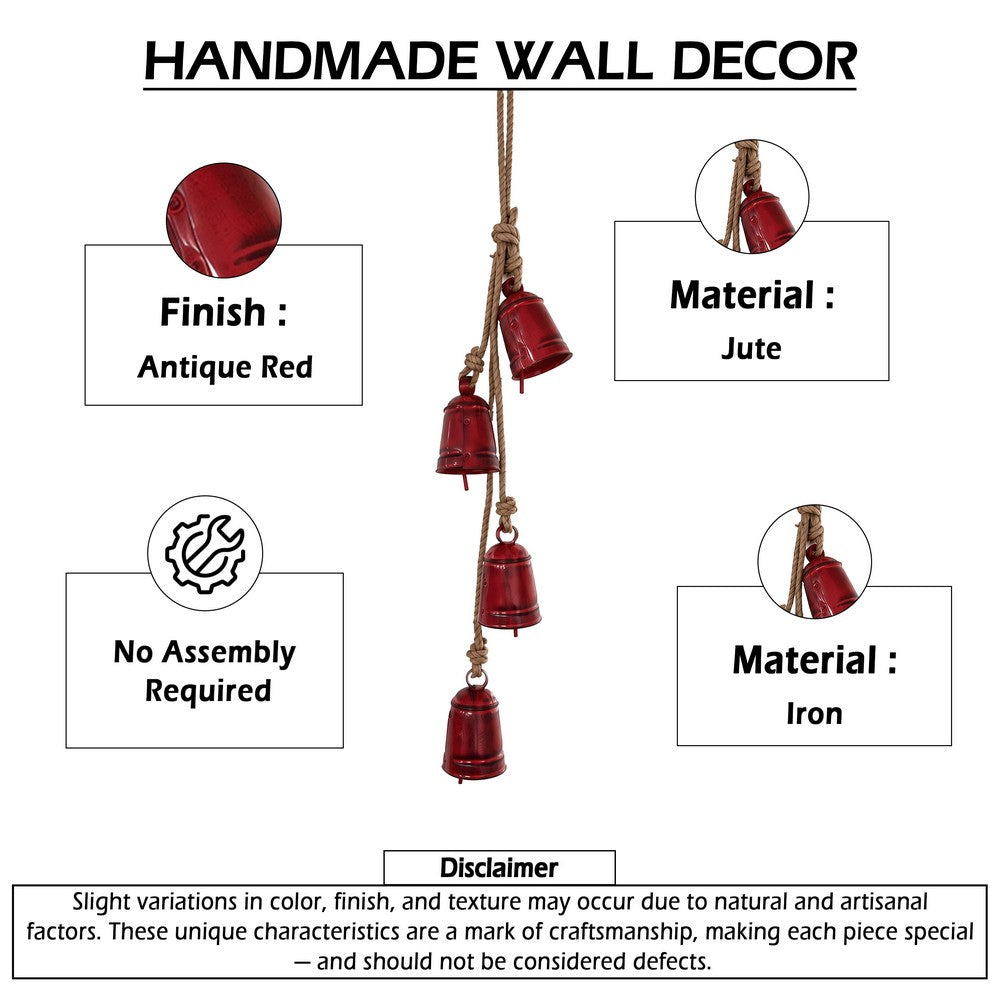 Koma 27 Inch Decorative Wind Chime, 4 Cascading Cow Bells, Antique Red Iron, Jute Rope, Boho Rustic Style - UPT-350393