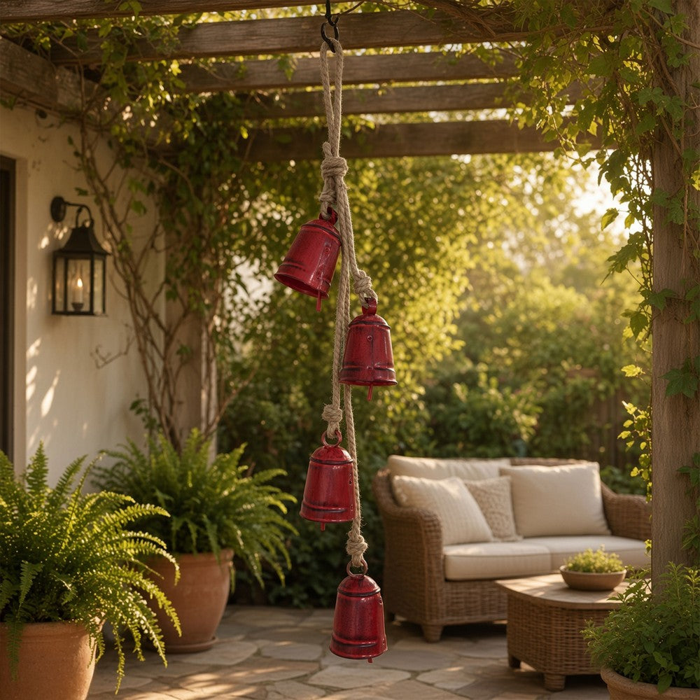 Koma 27 Inch Decorative Wind Chime, 4 Cascading Cow Bells, Antique Red Iron, Jute Rope, Boho Rustic Style - UPT-350393