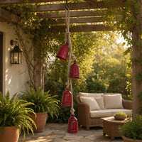 Koma 27 Inch Decorative Wind Chime, 4 Cascading Cow Bells, Antique Red Iron, Jute Rope, Boho Rustic Style - UPT-350393