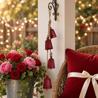 Koma 27 Inch Decorative Wind Chime, 4 Cascading Cow Bells, Antique Red Iron, Jute Rope, Boho Rustic Style - UPT-350393