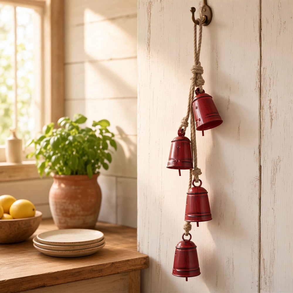 Koma 27 Inch Decorative Wind Chime, 4 Cascading Cow Bells, Antique Red Iron, Jute Rope, Boho Rustic Style - UPT-350393
