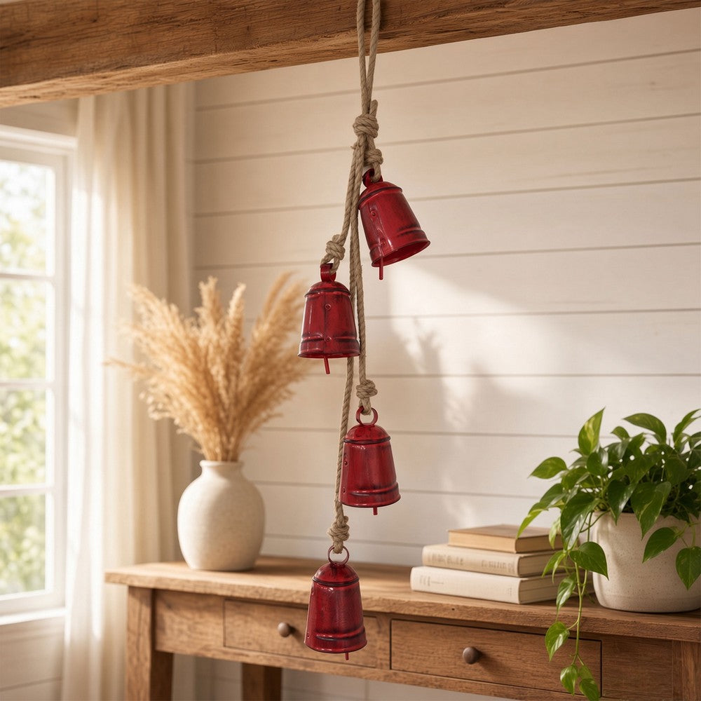 Koma 27 Inch Decorative Wind Chime, 4 Cascading Cow Bells, Antique Red Iron, Jute Rope, Boho Rustic Style - UPT-350393