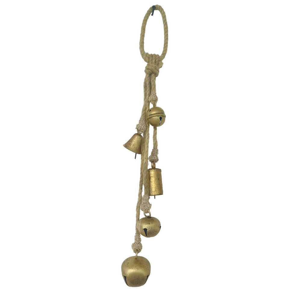 Soma 5 Assorted Shape Bells on Jute Rope, Antique Gold Finish, 23 Inch - UPT-350394