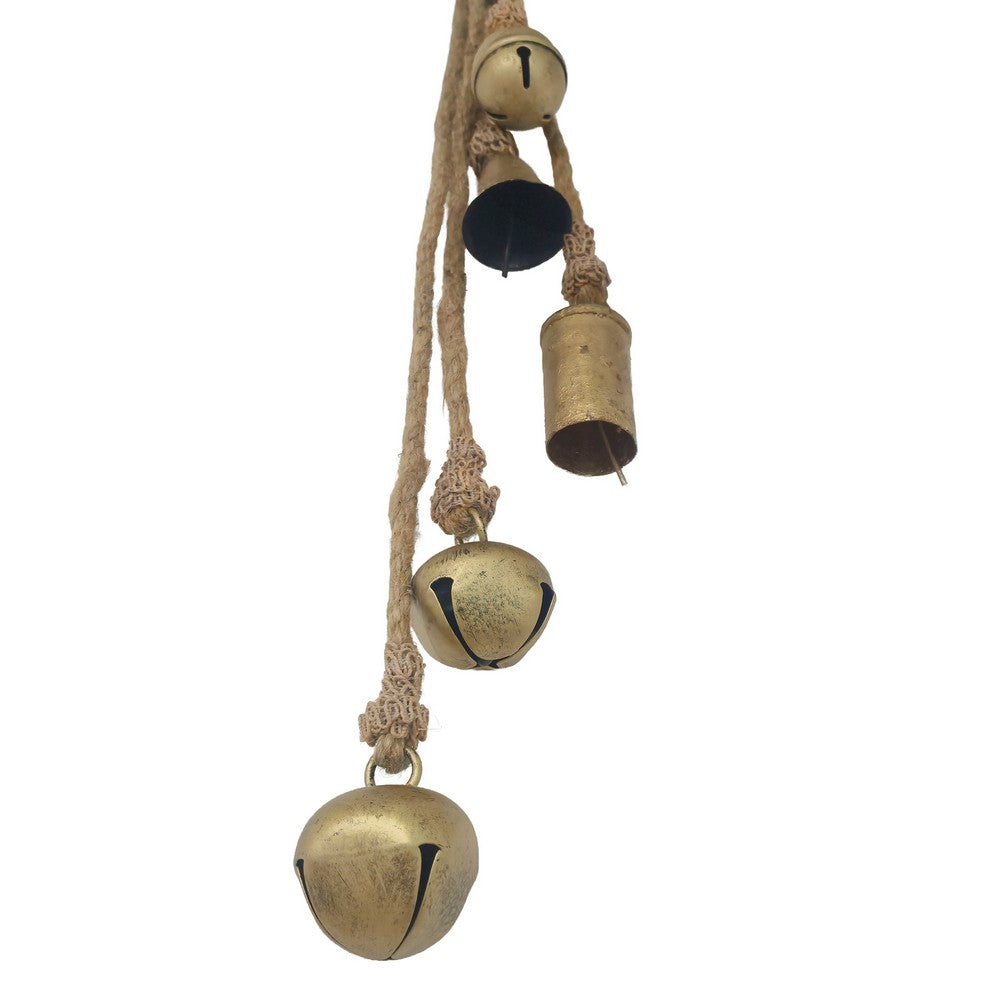 Soma 5 Assorted Shape Bells on Jute Rope, Antique Gold Finish, 23 Inch - UPT-350394