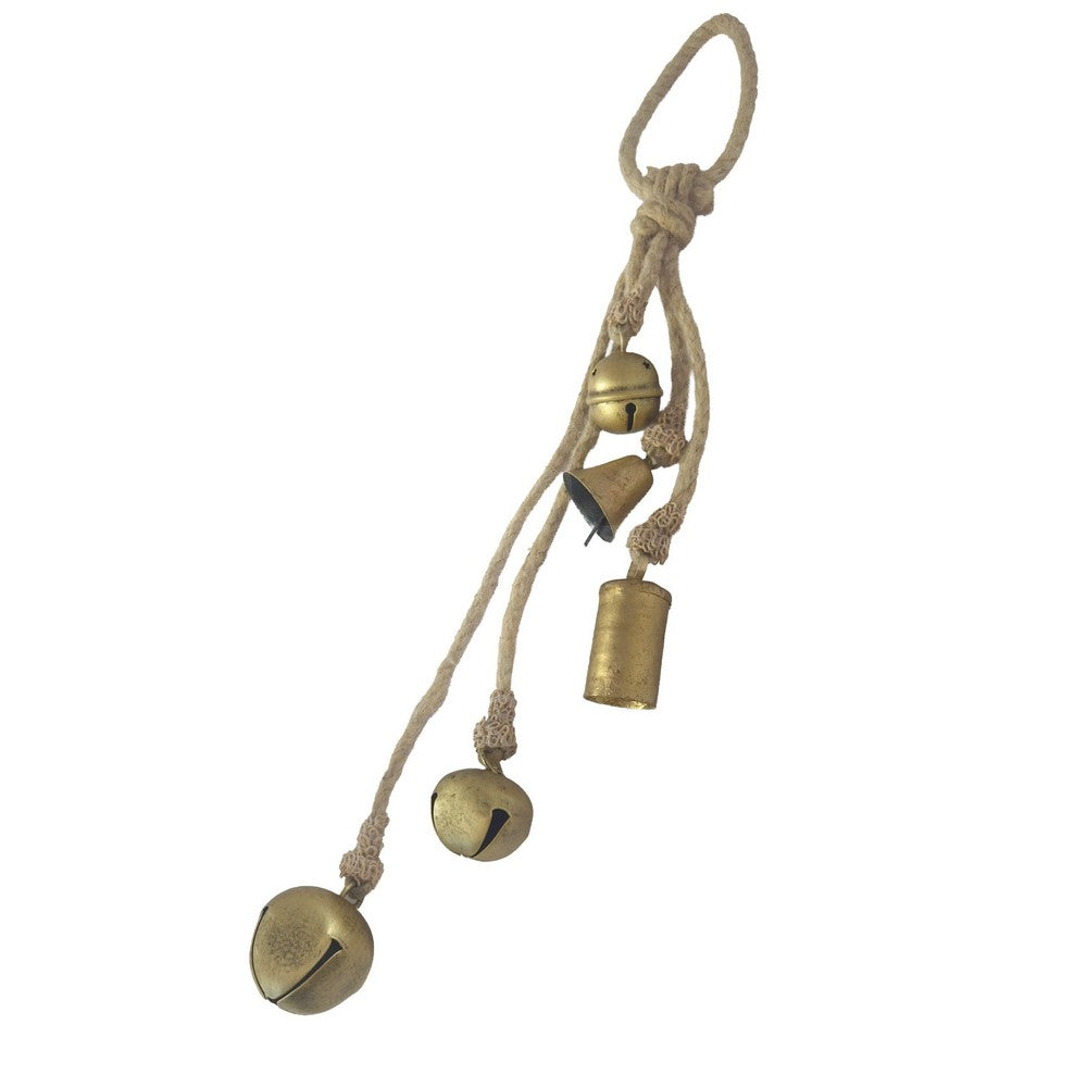 Soma 5 Assorted Shape Bells on Jute Rope, Antique Gold Finish, 23 Inch - UPT-350394