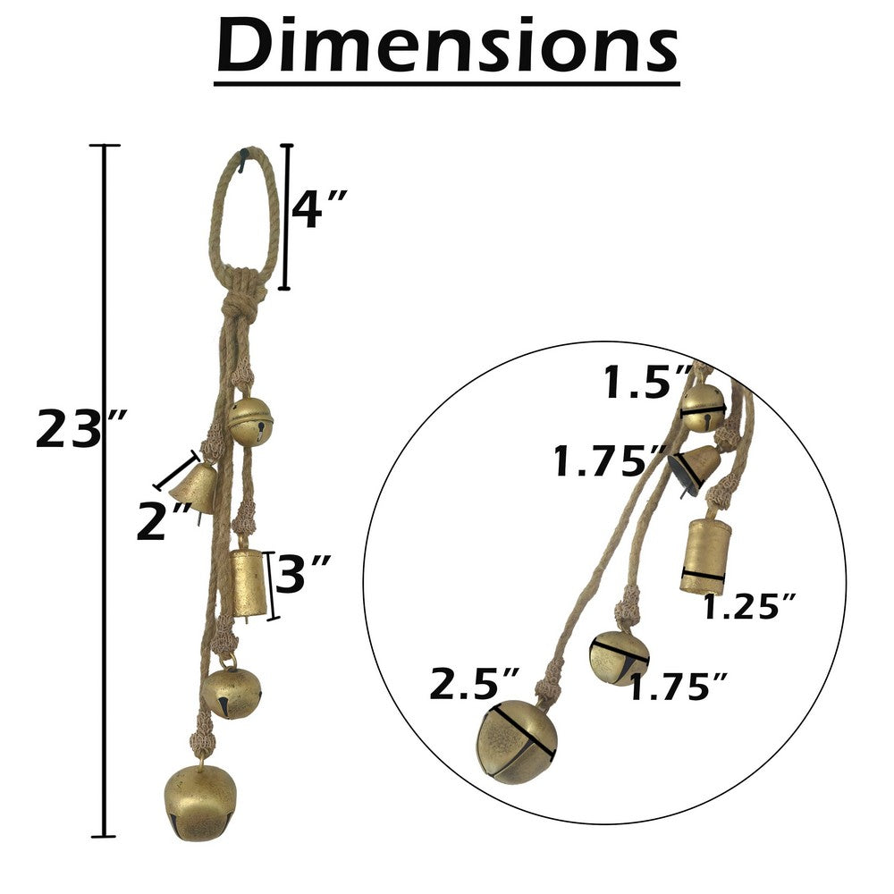 Soma 5 Assorted Shape Bells on Jute Rope, Antique Gold Finish, 23 Inch - UPT-350394