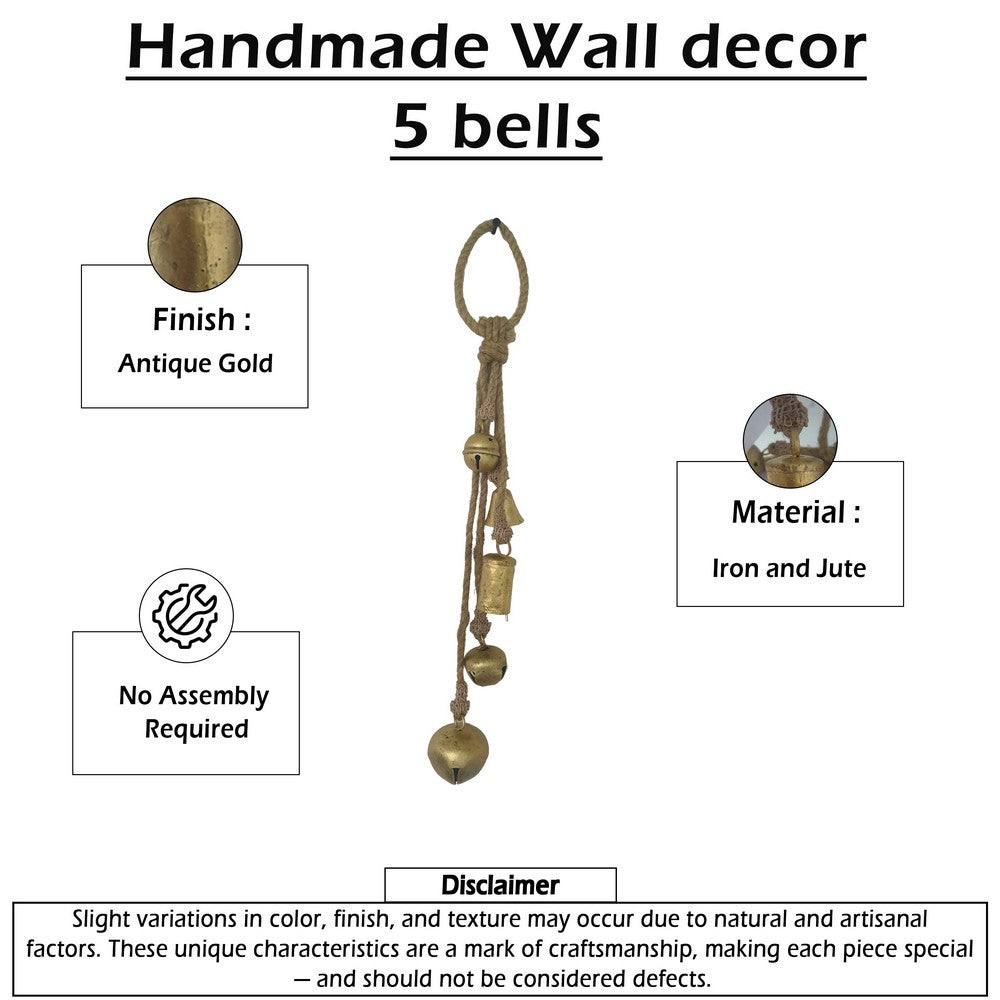 Soma 5 Assorted Shape Bells on Jute Rope, Antique Gold Finish, 23 Inch - UPT-350394