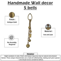 Soma 5 Assorted Shape Bells on Jute Rope, Antique Gold Finish, 23 Inch - UPT-350394