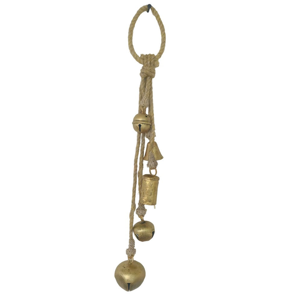 Soma 5 Assorted Shape Bells on Jute Rope, Antique Gold Finish, 23 Inch - UPT-350394