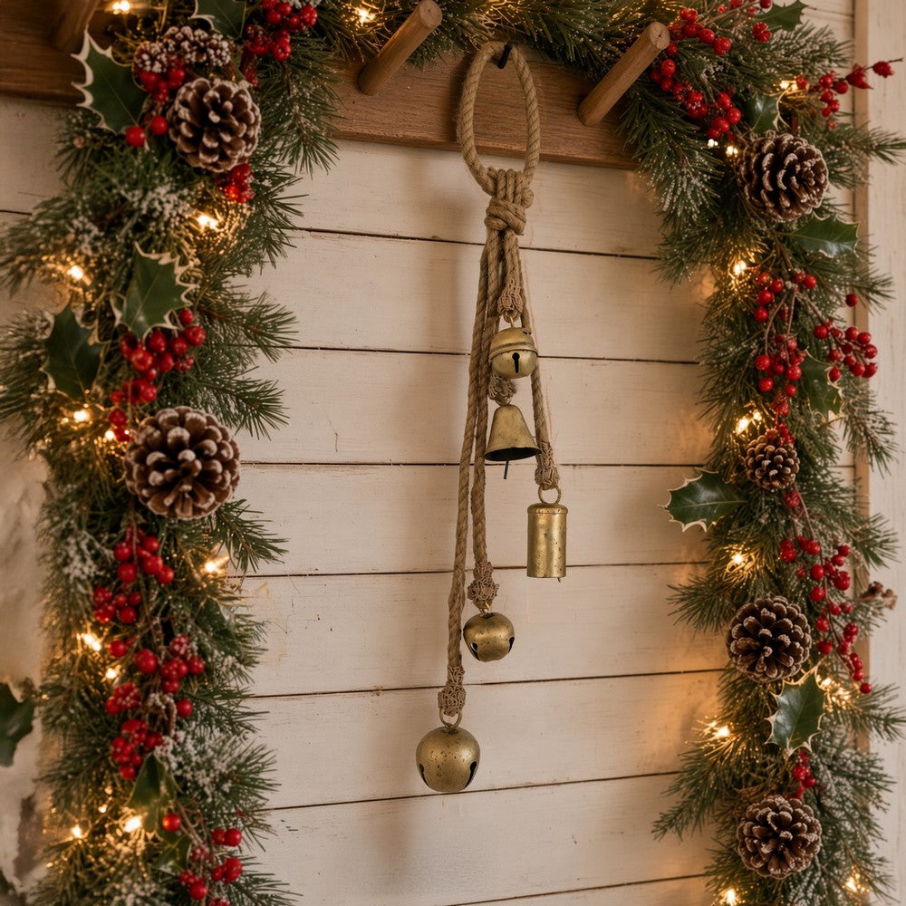 Soma 5 Assorted Shape Bells on Jute Rope, Antique Gold Finish, 23 Inch - UPT-350394