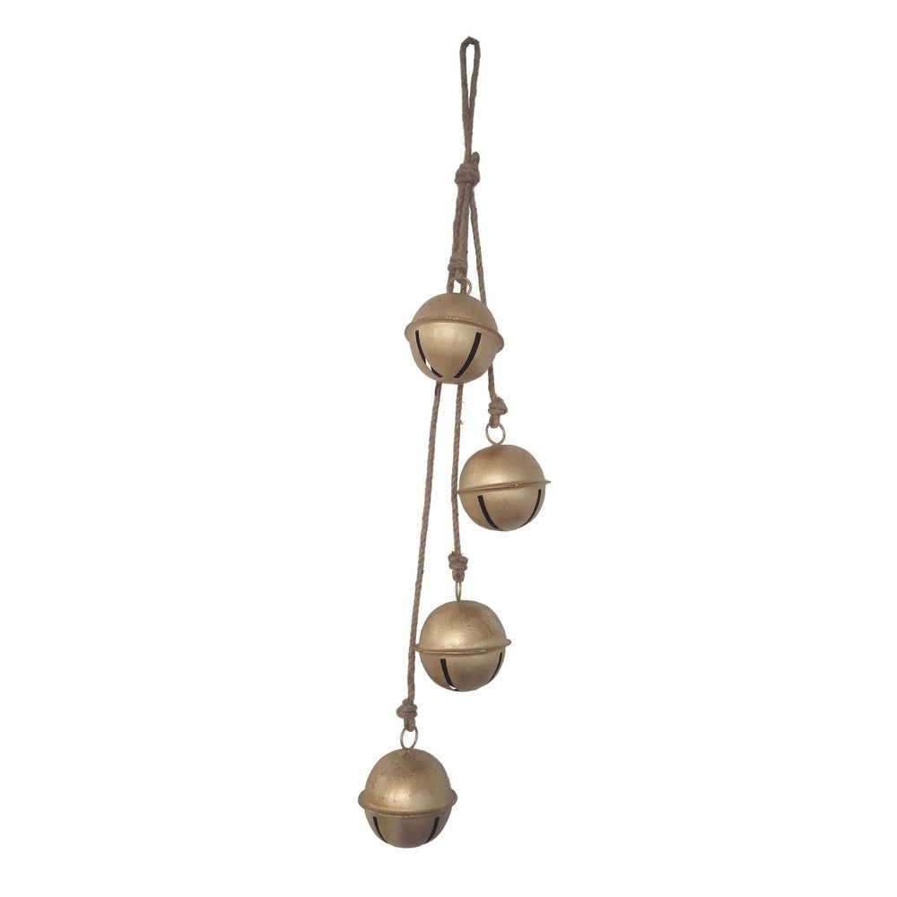 Roma 34 Inch Cascading Hanging Bells, Gold Finish, Natural Jute Rope, Boho Rustic Decor - UPT-350395