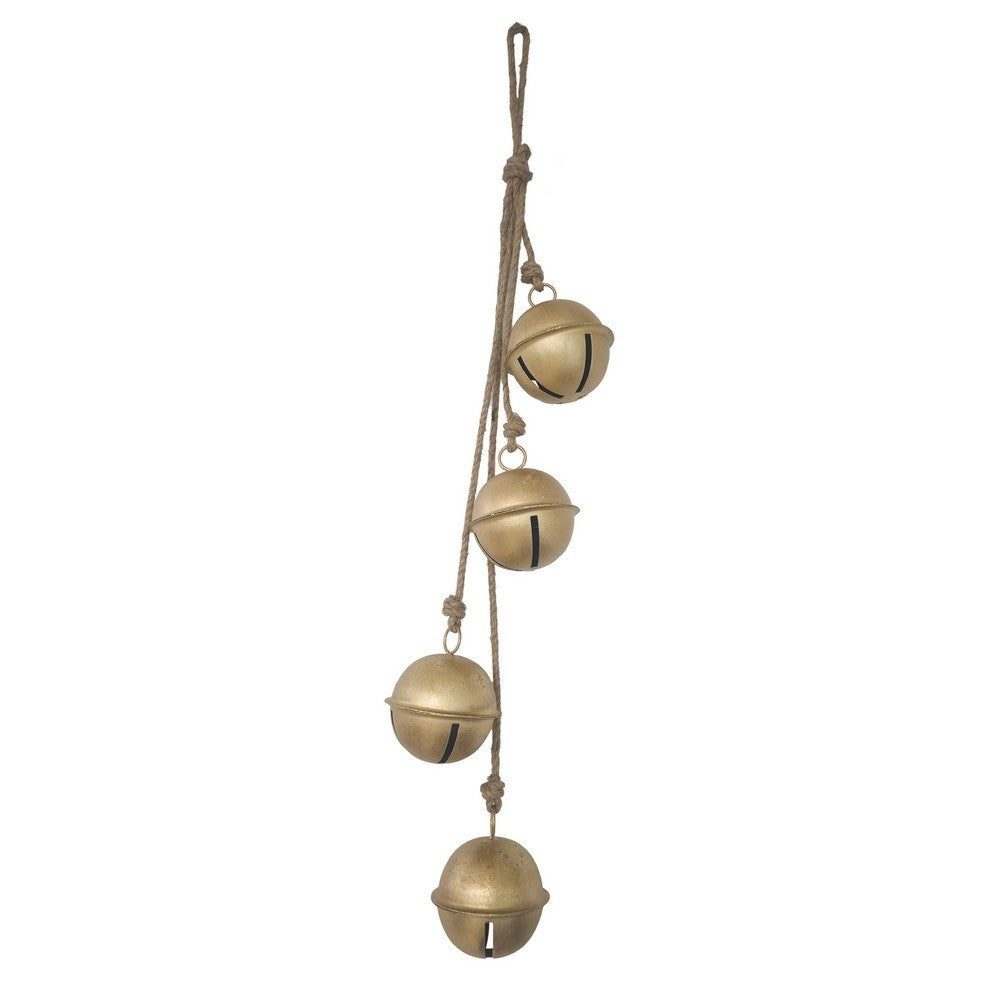 Roma 34 Inch Cascading Hanging Bells, Gold Finish, Natural Jute Rope, Boho Rustic Decor - UPT-350395