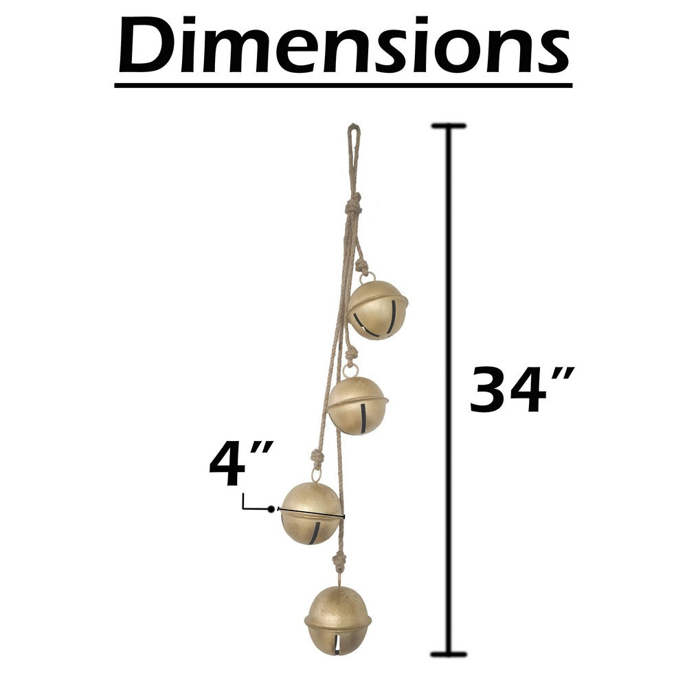 Roma 34 Inch Cascading Hanging Bells, Gold Finish, Natural Jute Rope, Boho Rustic Decor - UPT-350395