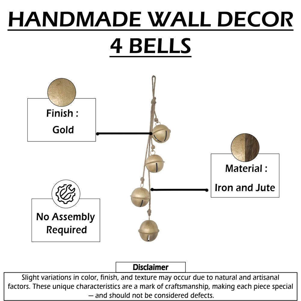 Roma 34 Inch Cascading Hanging Bells, Gold Finish, Natural Jute Rope, Boho Rustic Decor - UPT-350395