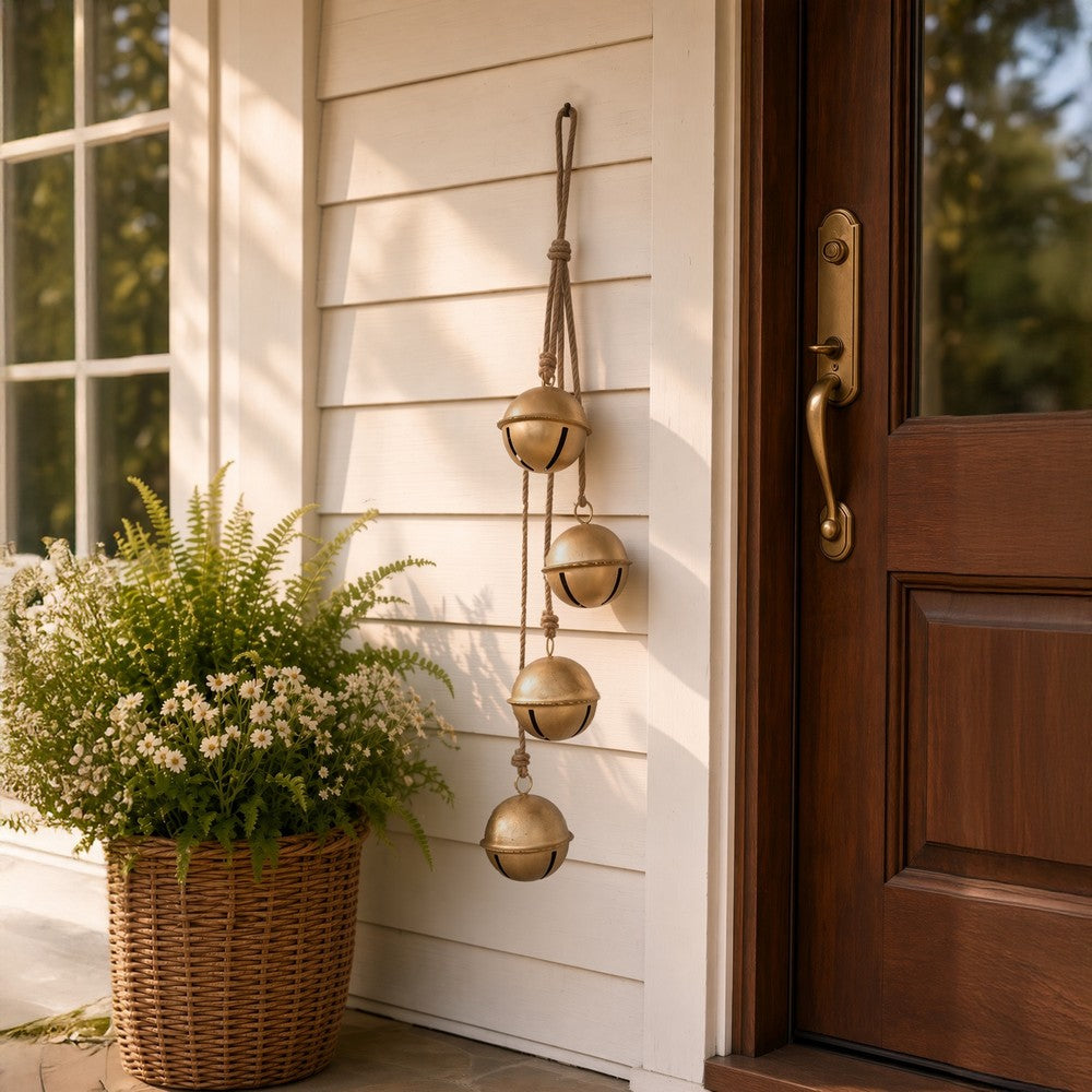 Roma 34 Inch Cascading Hanging Bells, Gold Finish, Natural Jute Rope, Boho Rustic Decor - UPT-350395