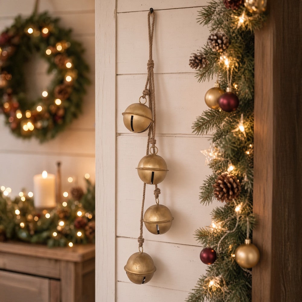 Roma 34 Inch Cascading Hanging Bells, Gold Finish, Natural Jute Rope, Boho Rustic Decor - UPT-350395