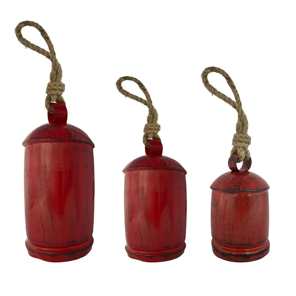 Joma Set of 3 Cowbells Wall Hanging, Jute Rope, Antique Red Iron Finish, Rustic Boho Home Decor - UPT-350396