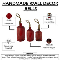 Joma Set of 3 Cowbells Wall Hanging, Jute Rope, Antique Red Iron Finish, Rustic Boho Home Decor - UPT-350396