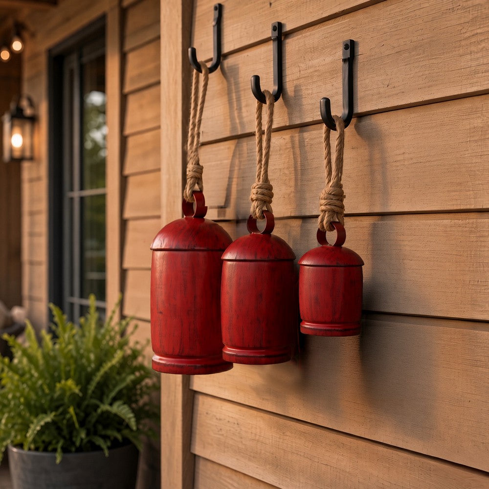 Joma Set of 3 Cowbells Wall Hanging, Jute Rope, Antique Red Iron Finish, Rustic Boho Home Decor - UPT-350396