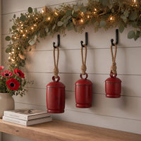 Joma Set of 3 Cowbells Wall Hanging, Jute Rope, Antique Red Iron Finish, Rustic Boho Home Decor - UPT-350396