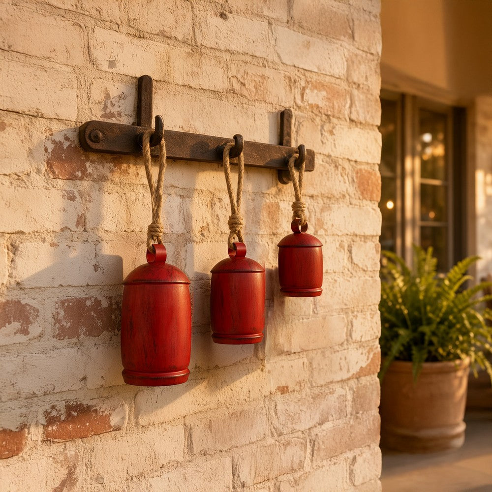 Joma Set of 3 Cowbells Wall Hanging, Jute Rope, Antique Red Iron Finish, Rustic Boho Home Decor - UPT-350396