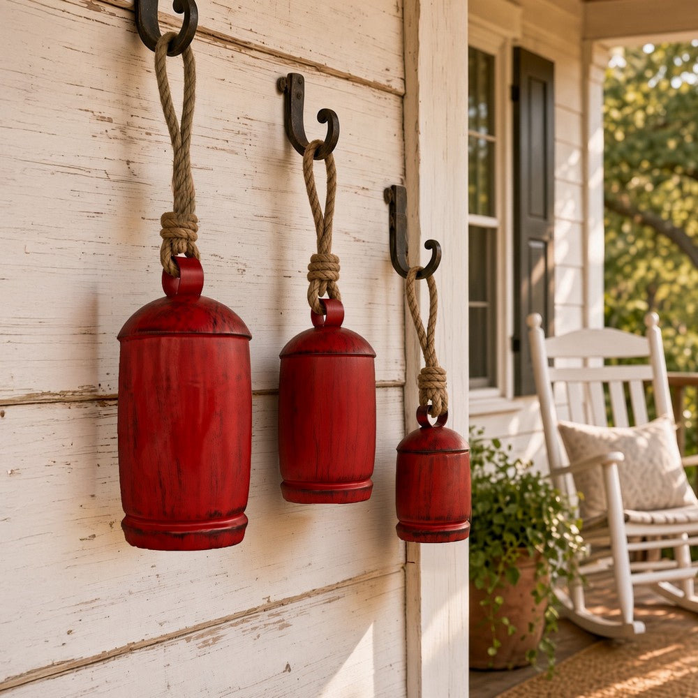 Joma Set of 3 Cowbells Wall Hanging, Jute Rope, Antique Red Iron Finish, Rustic Boho Home Decor - UPT-350396