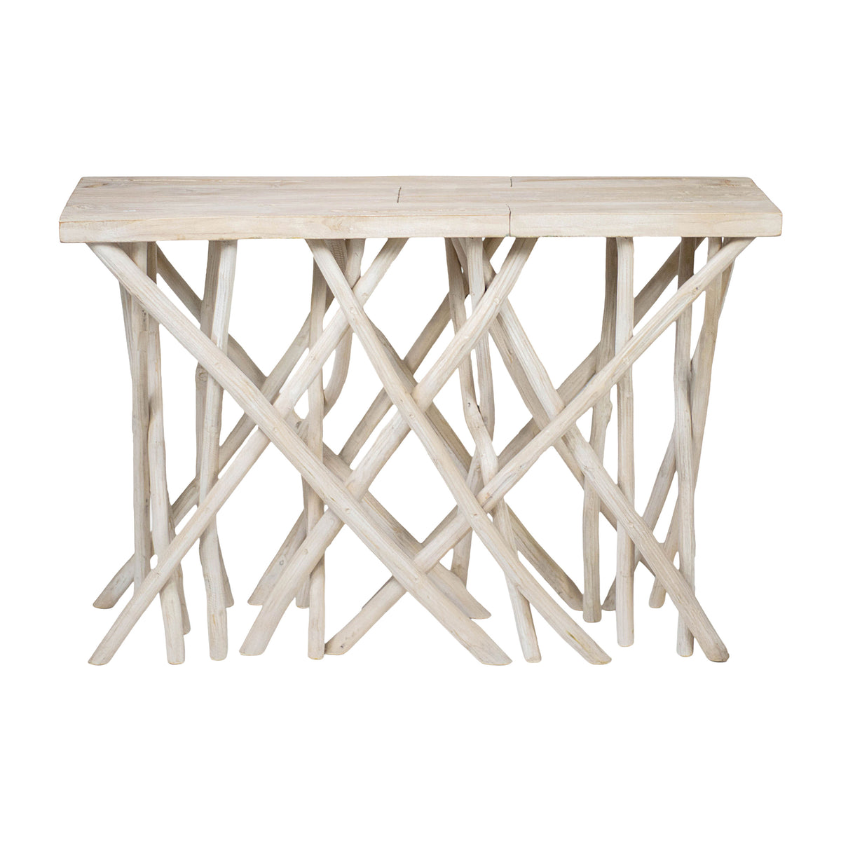 Kyra 47 Inch Sofa Console Table, Solid Teakwood Branch Legs, Whitewash Finish - UPT-350397