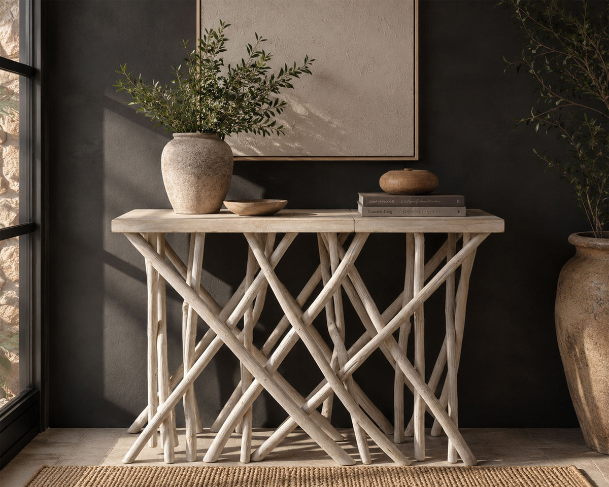 Kyra 47 Inch Sofa Console Table, Solid Teakwood Branch Legs, Whitewash Finish - UPT-350397