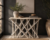 Kyra 47 Inch Sofa Console Table, Solid Teakwood Branch Legs, Whitewash Finish - UPT-350397
