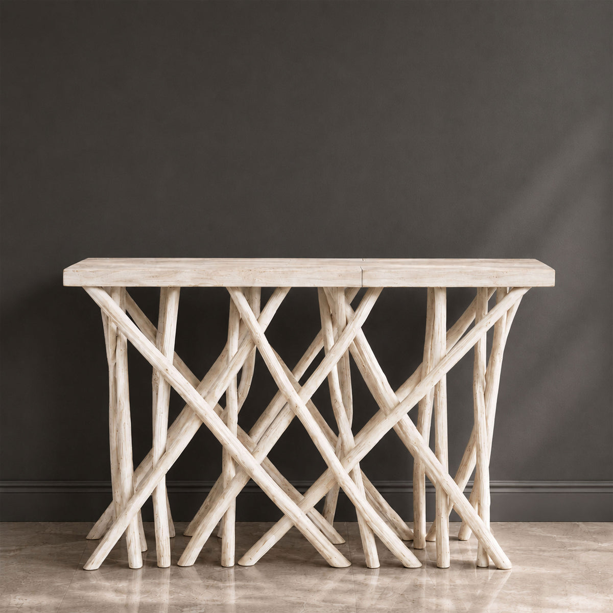 Kyra 47 Inch Sofa Console Table, Solid Teakwood Branch Legs, Whitewash Finish - UPT-350397
