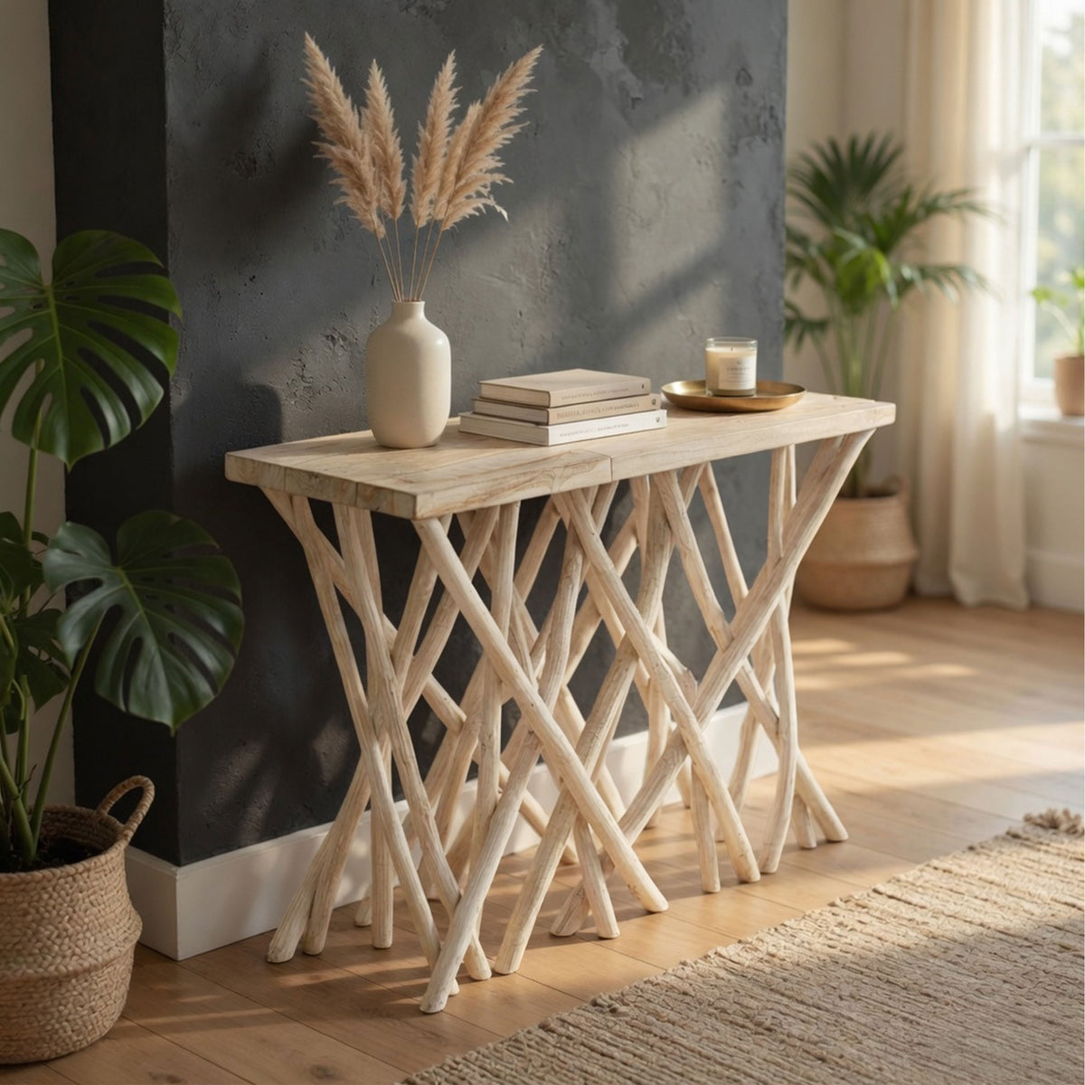 Kyra 47 Inch Sofa Console Table, Solid Teakwood Branch Legs, Whitewash Finish - UPT-350397