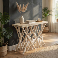 Kyra 47 Inch Sofa Console Table, Solid Teakwood Branch Legs, Whitewash Finish - UPT-350397