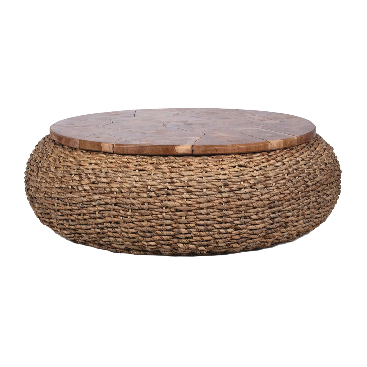 Jyra 47 Inch Round Coffee Table, Teak Wood Mosaic Top, Woven Banana Leaf Base, Natural Brown - UPT-350398