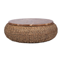Jyra 47 Inch Round Coffee Table, Teak Wood Mosaic Top, Woven Banana Leaf Base, Natural Brown - UPT-350398