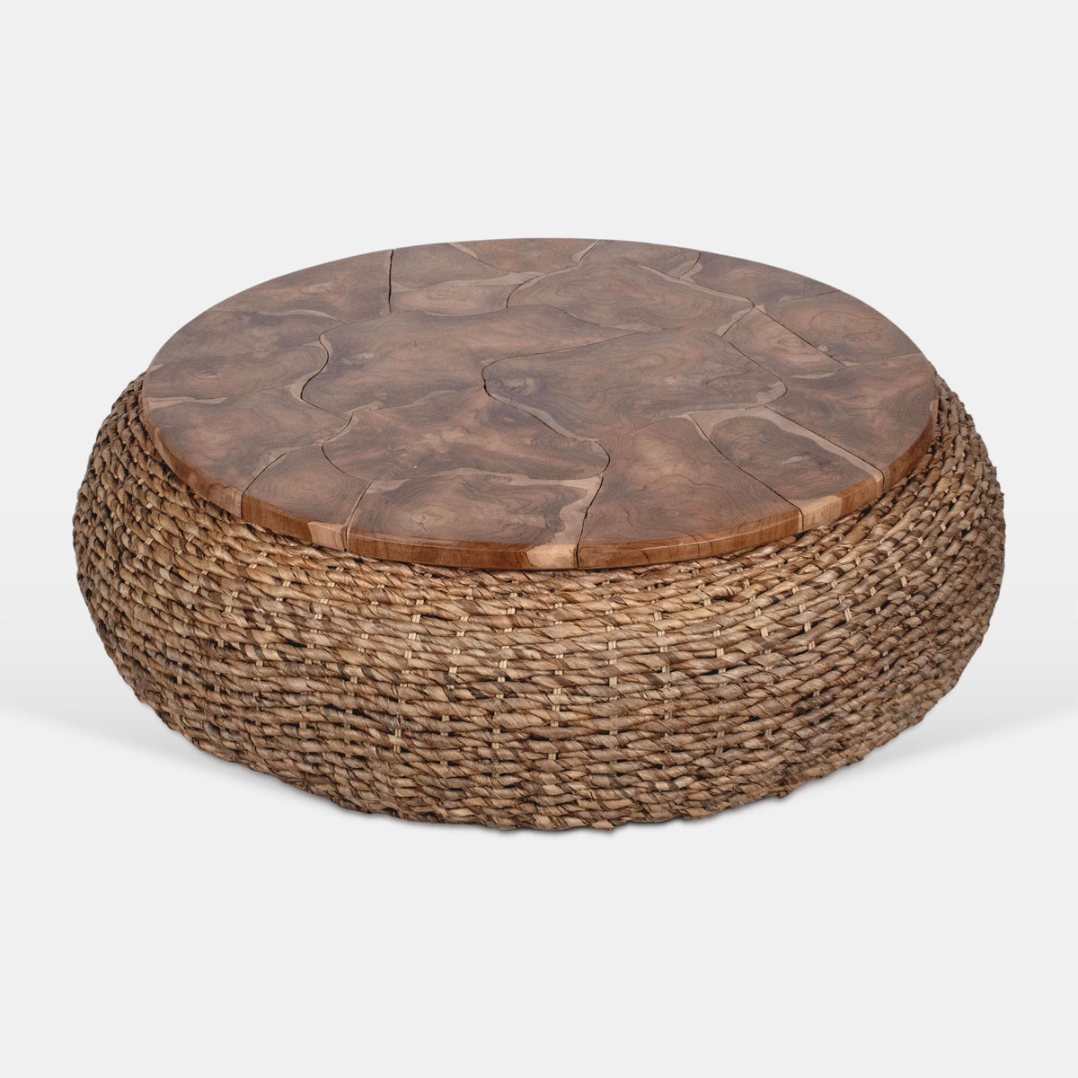 Jyra 47 Inch Round Coffee Table, Teak Wood Mosaic Top, Woven Banana Leaf Base, Natural Brown - UPT-350398