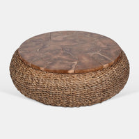 Jyra 47 Inch Round Coffee Table, Teak Wood Mosaic Top, Woven Banana Leaf Base, Natural Brown - UPT-350398