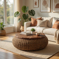 Jyra 47 Inch Round Coffee Table, Teak Wood Mosaic Top, Woven Banana Leaf Base, Natural Brown - UPT-350398