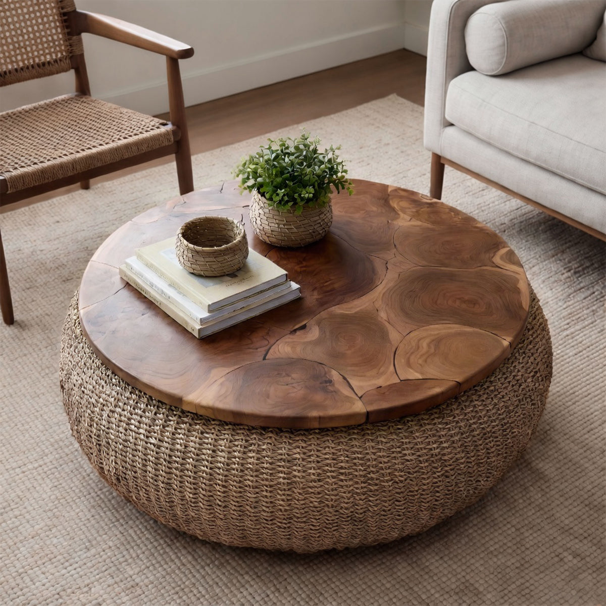 Jyra 47 Inch Round Coffee Table, Teak Wood Mosaic Top, Woven Banana Leaf Base, Natural Brown - UPT-350398
