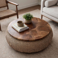 Jyra 47 Inch Round Coffee Table, Teak Wood Mosaic Top, Woven Banana Leaf Base, Natural Brown - UPT-350398
