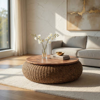 Jyra 47 Inch Round Coffee Table, Teak Wood Mosaic Top, Woven Banana Leaf Base, Natural Brown - UPT-350398