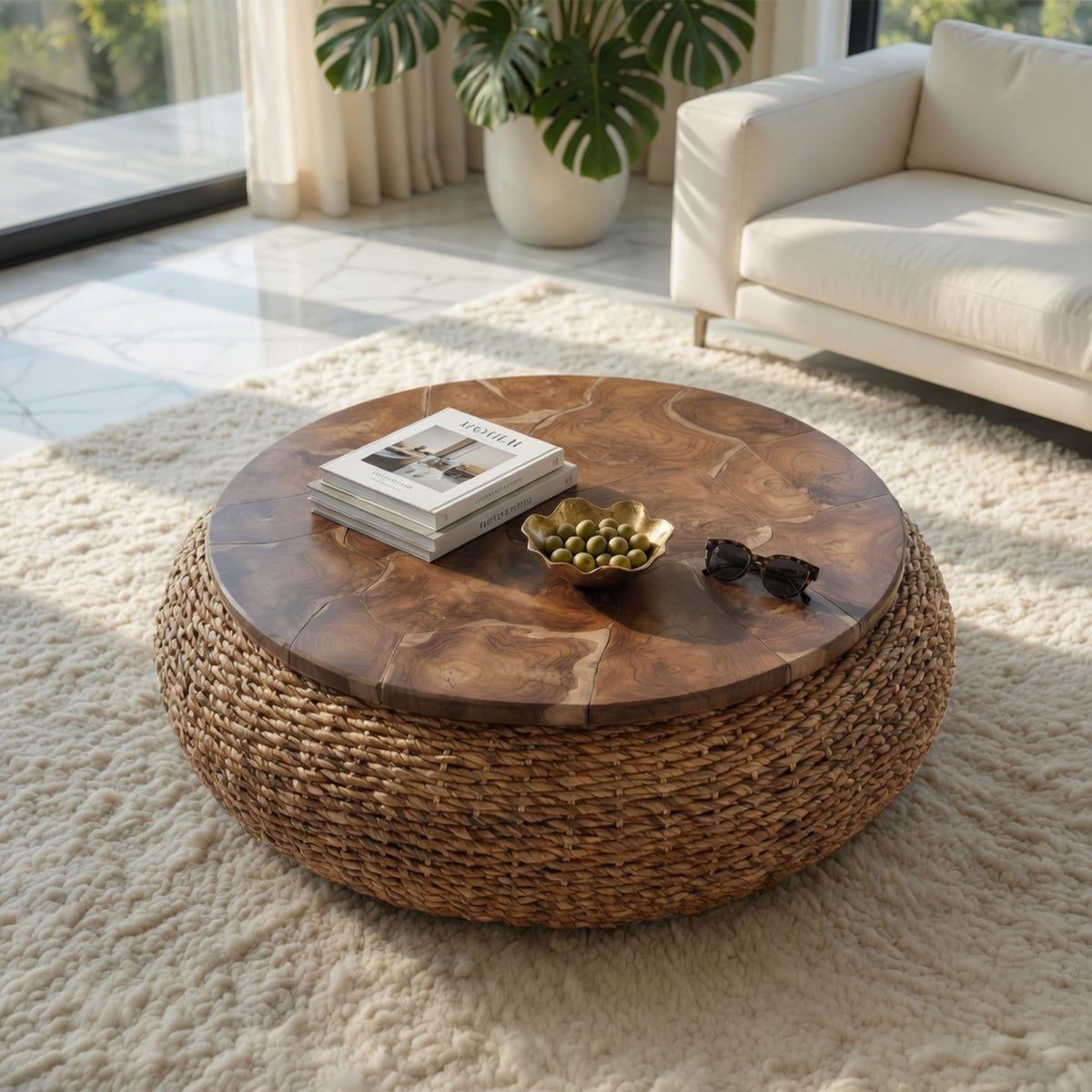 Jyra 47 Inch Round Coffee Table, Teak Wood Mosaic Top, Woven Banana Leaf Base, Natural Brown - UPT-350398