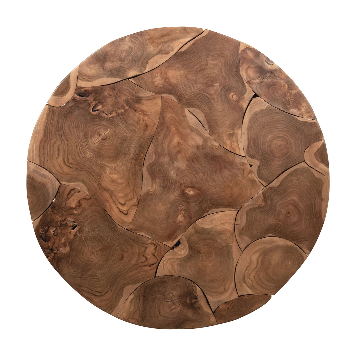 Jyra 47 Inch Round Coffee Table, Teak Wood Mosaic Top, Woven Banana Leaf Base, Natural Brown - UPT-350398