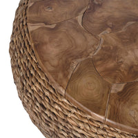 Jyra 47 Inch Round Coffee Table, Teak Wood Mosaic Top, Woven Banana Leaf Base, Natural Brown - UPT-350398