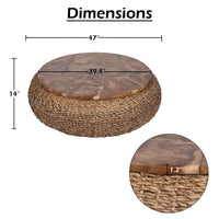 Jyra 47 Inch Round Coffee Table, Teak Wood Mosaic Top, Woven Banana Leaf Base, Natural Brown - UPT-350398